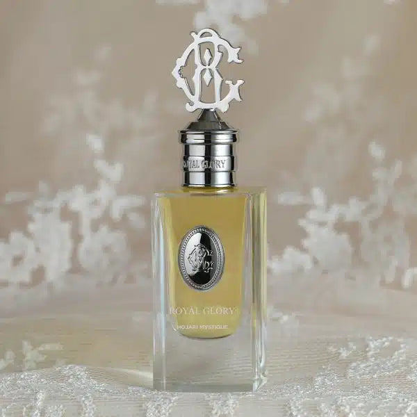 ROYAL GLORY Hojari Mystique perfume in elegant glass bottle with silver cap and logo emblem