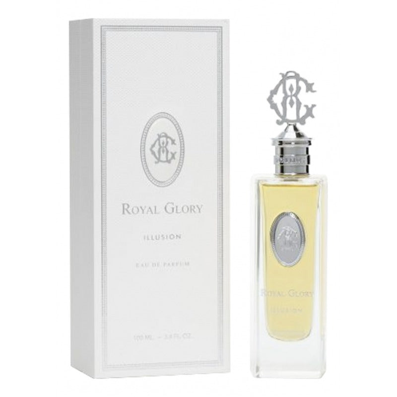 Royal Glory Illusion Eau de Parfum perfume bottle with silver cap and matching white packaging box
