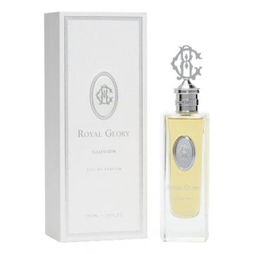 Royal Glory Illusion Eau de Parfum perfume bottle with silver cap and matching white packaging box