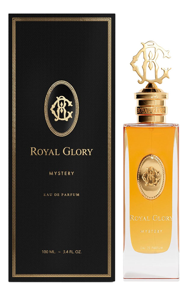 Royal Glory Mystery Eau de Parfum with black and gold packaging and elegant glass bottle