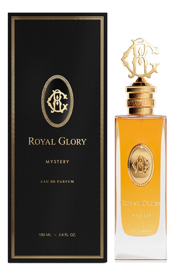 Royal Glory Mystery Eau de Parfum with black and gold packaging and elegant glass bottle