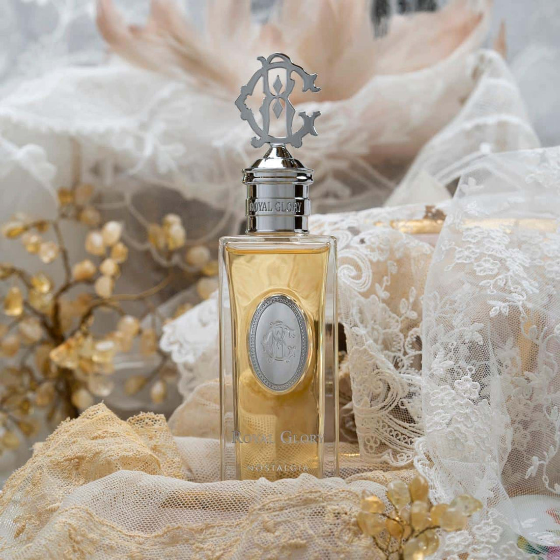 ROYAL GLORY Nostalgia perfume 100ml elegant glass bottle with silver decorative cap and vintage lace background