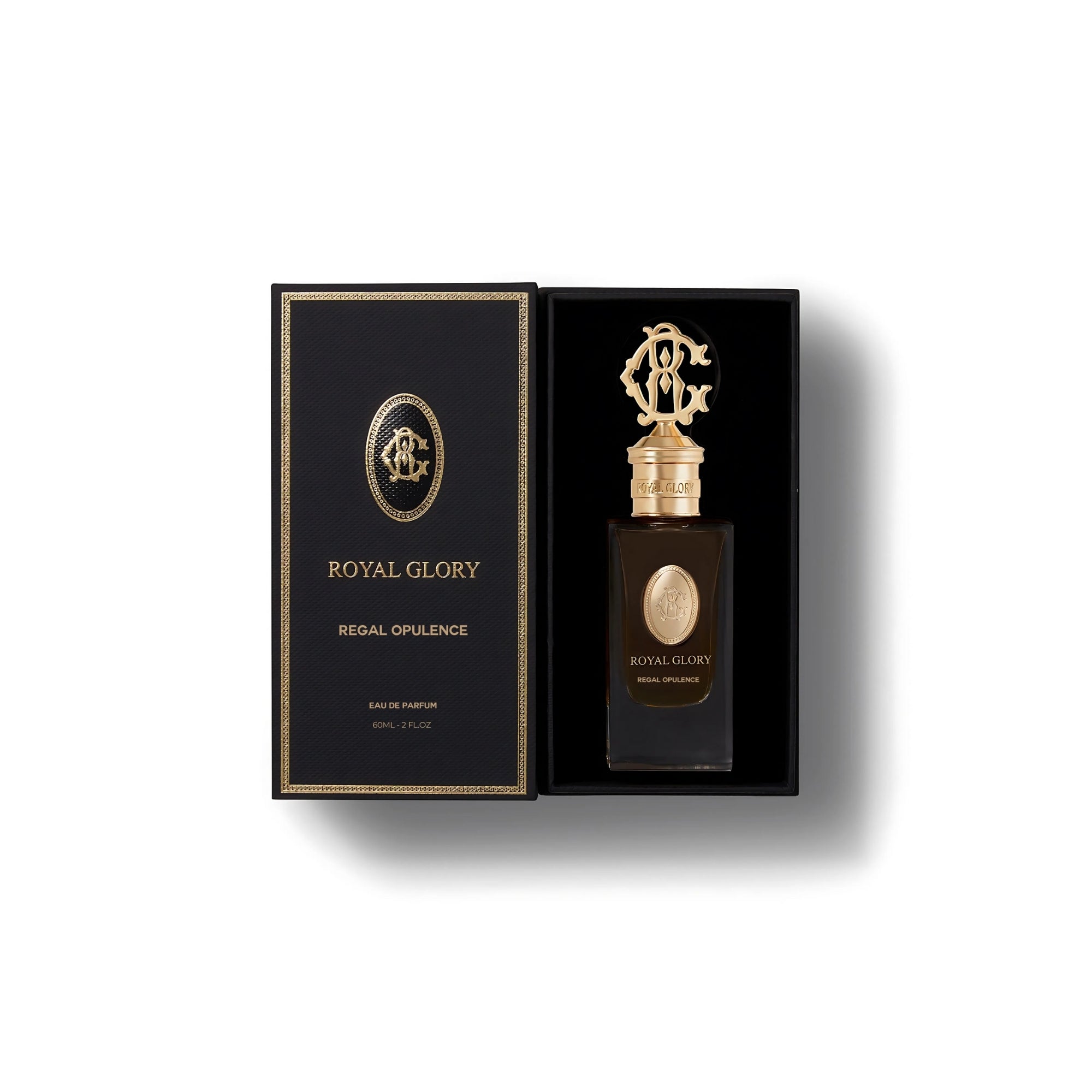 ROYAL GLORY Regal Opulence fragrance 60ml in black and gold luxury packaging with ornate cap