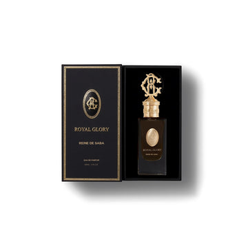 Royal Glory Reine de Saba Eau de Parfum bottle and black gold-accented box luxury perfume