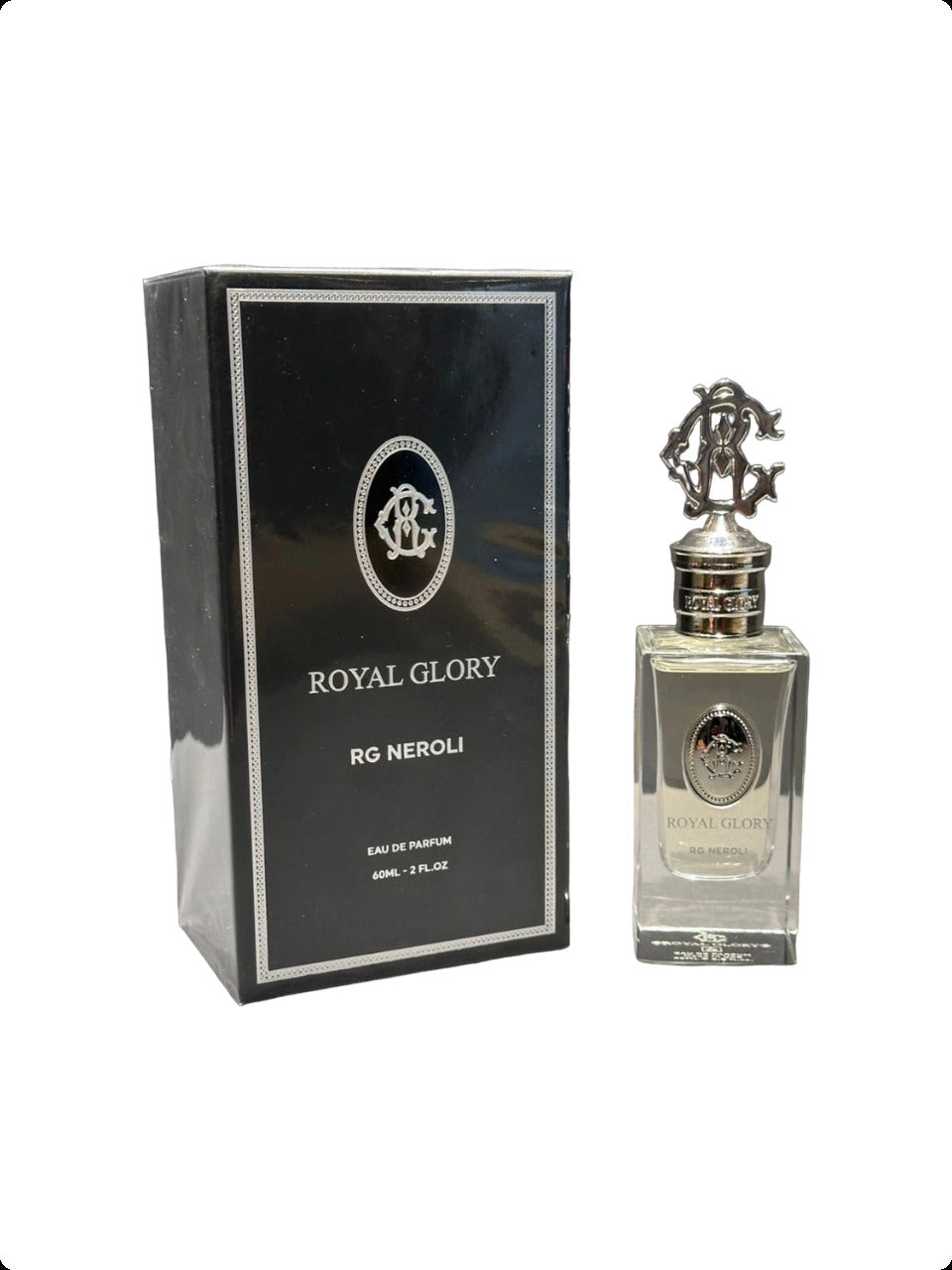 ROYAL GLORY RG Neroli niche fragrance perfume bottle with black and silver packaging