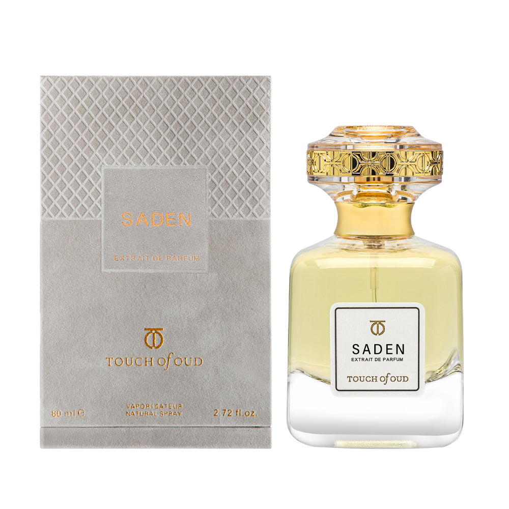 Touch Of Oud Saden Extrait de Parfum 80ml luxury perfume bottle with gold-accented cap and elegant packaging