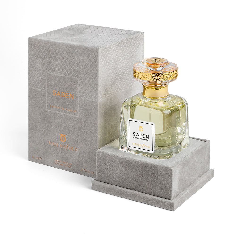 Touch Of Oud Saden Extrait de Parfum 80ml in clear bottle with gold cap and gray luxury box