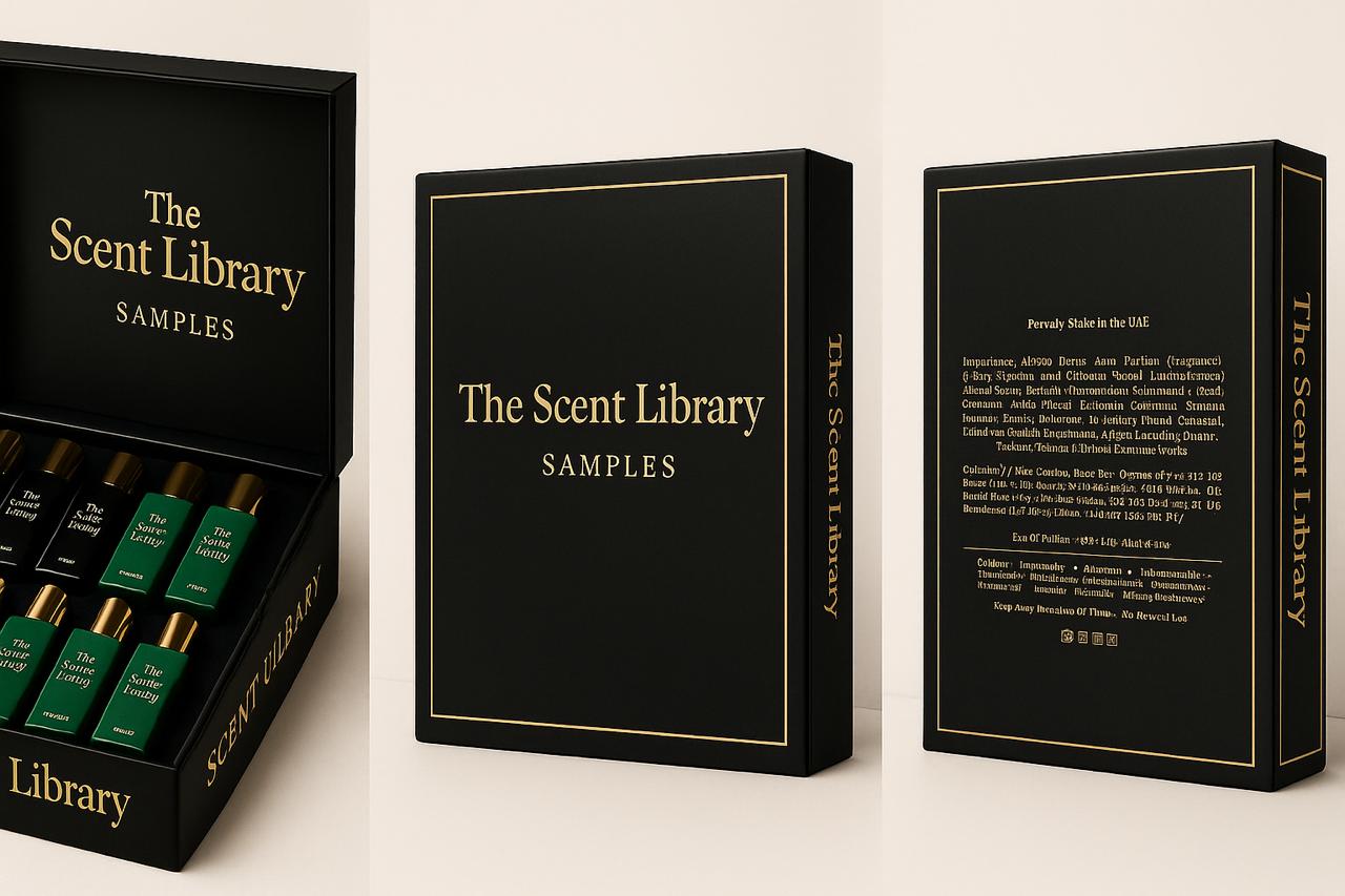 The Scent Library best sellers perfume sample set with various fragrance vials in an elegant black box