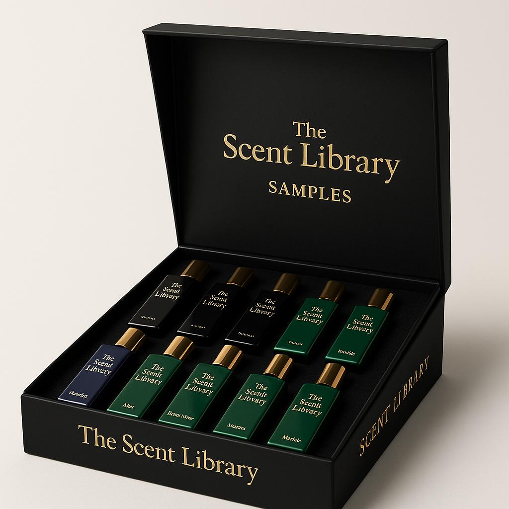 The Scent Library best sellers perfume sample set in a stylish black box with ten fragrance vials