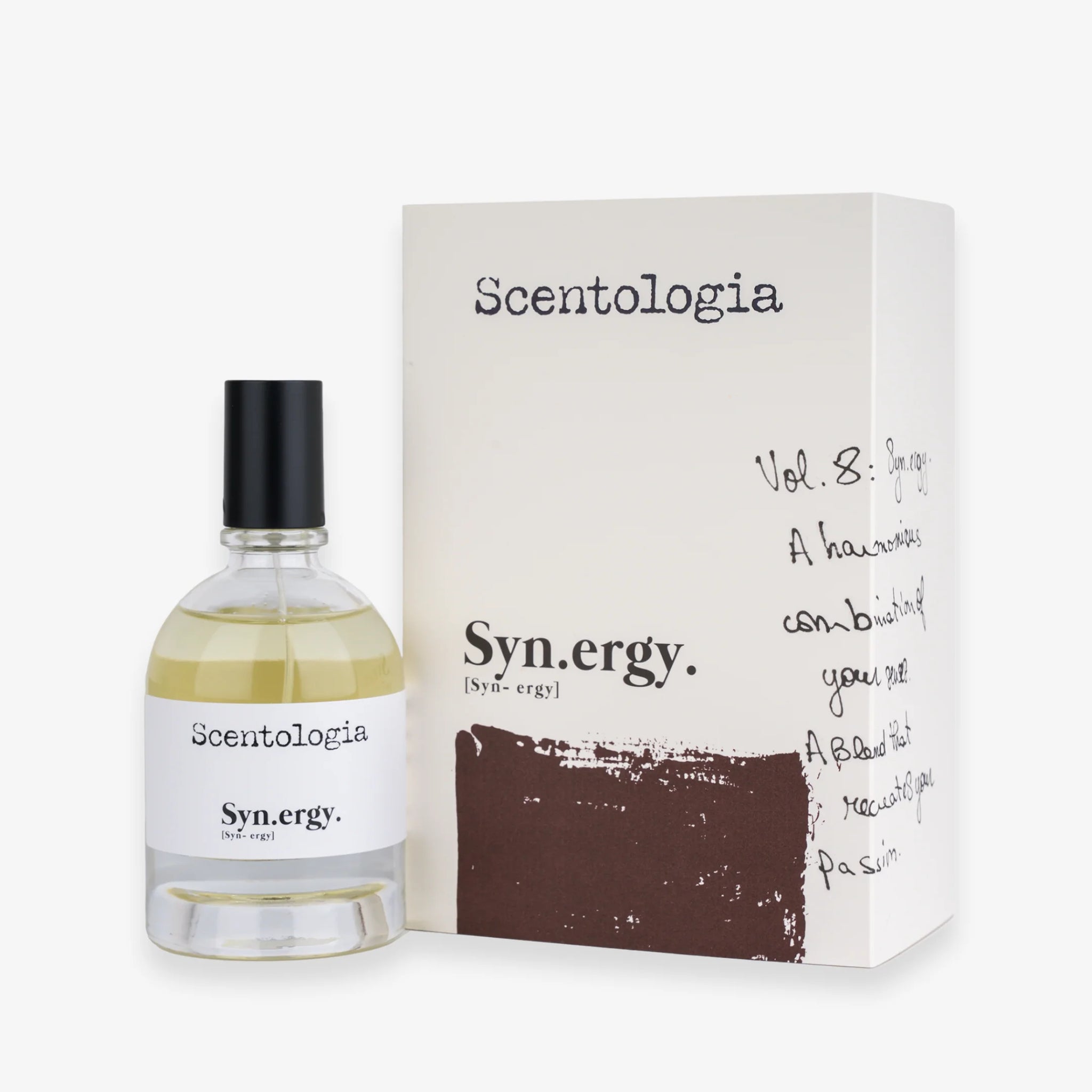 Synergy fragrance by Scentologia bottle with black cap next to white and brown branded packaging box