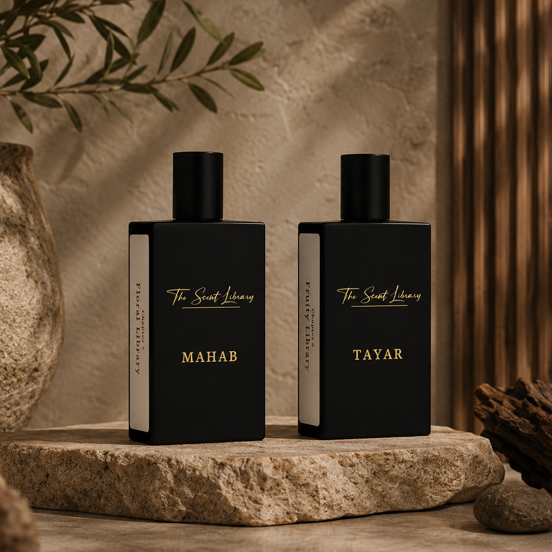 The Scent Library Mahab and Tayar 100ml bottles featuring woody notes for Father's Day bundles