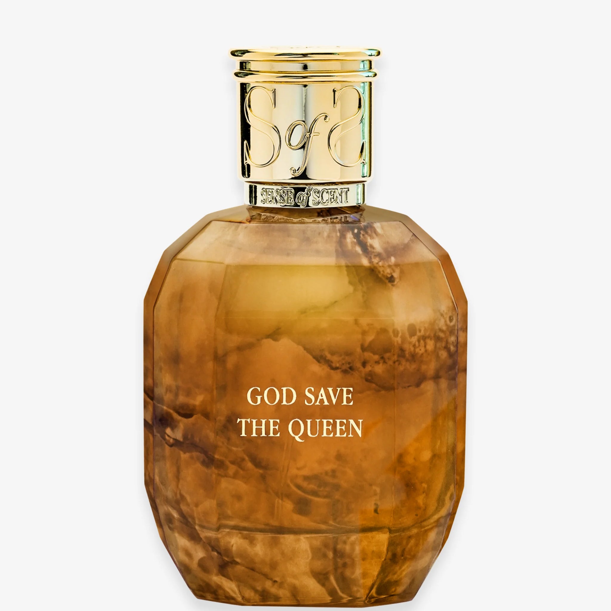 God Save The Queen perfume by Sense of Scent in a faceted amber glass bottle with gold cap