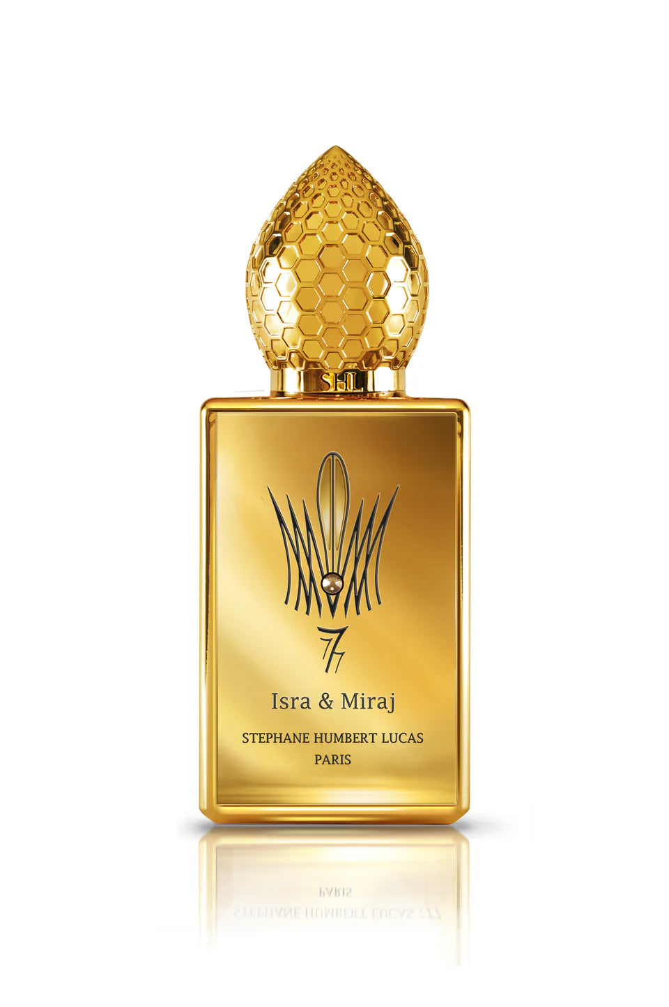 Stephane Humbert Lucas Isra & Miraj luxurious gold perfume bottle with decorative cap