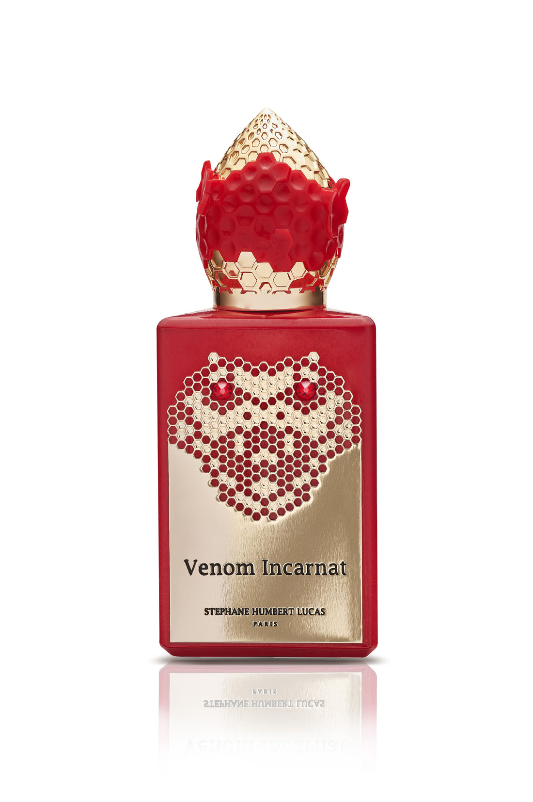 Stephane Humbert Lucas Venom Incarnat perfume bottle in red with gold honeycomb design and decorative cap