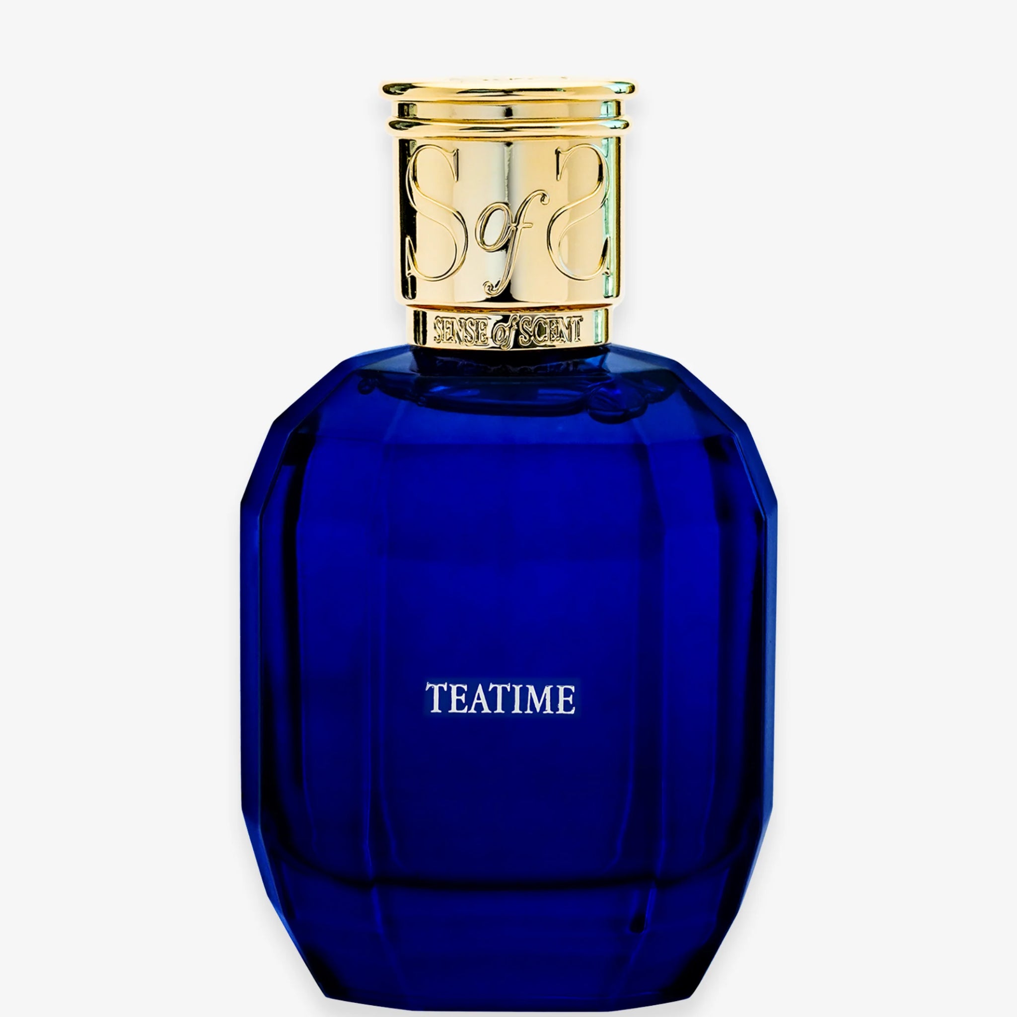 TEATIME niche perfume Dubai by Sense of Scent in a deep blue bottle with gold cap