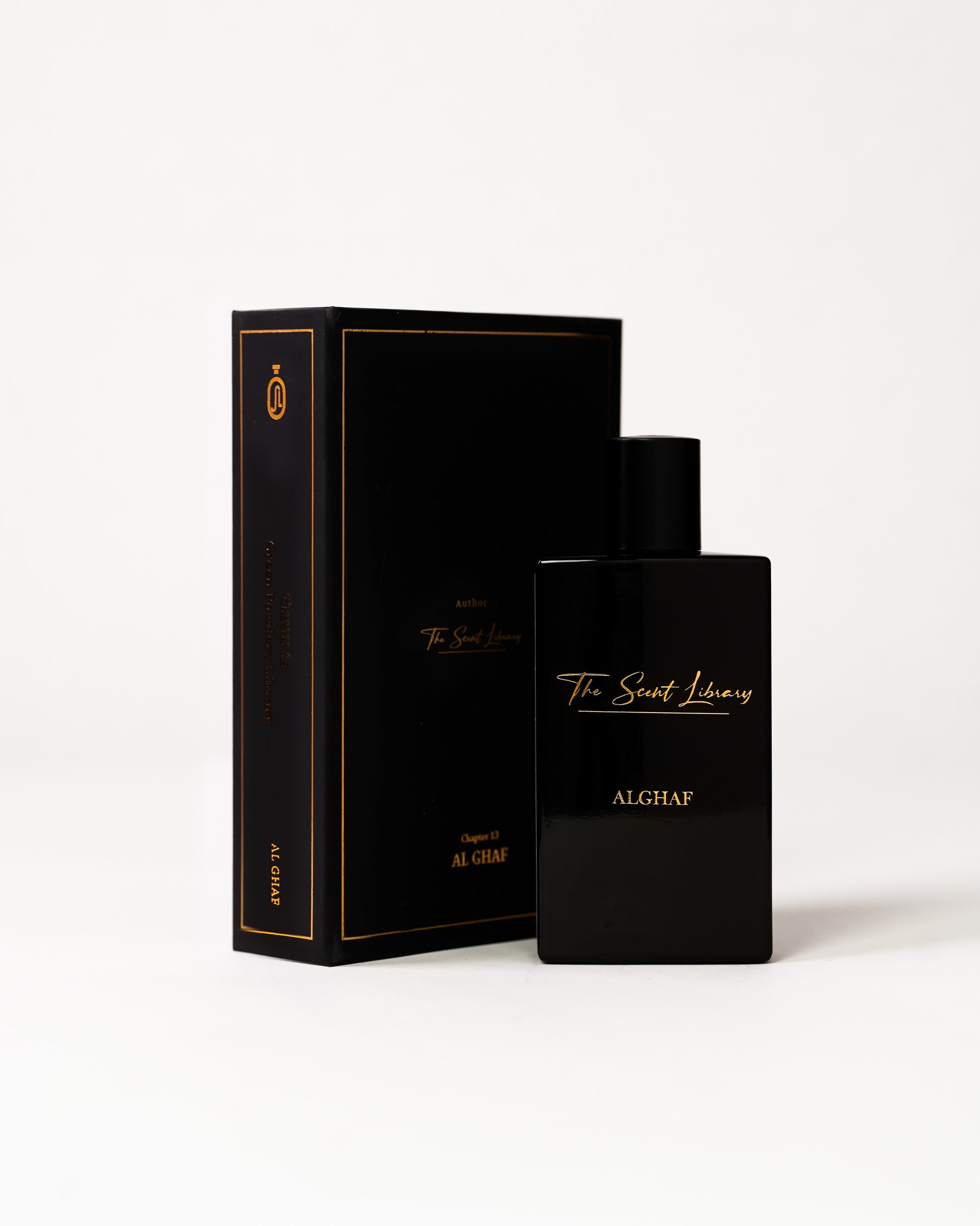Al Ghaf eau de parfum by The Scent Library, a glossy black rectangular bottle with gold lettering, alternate view