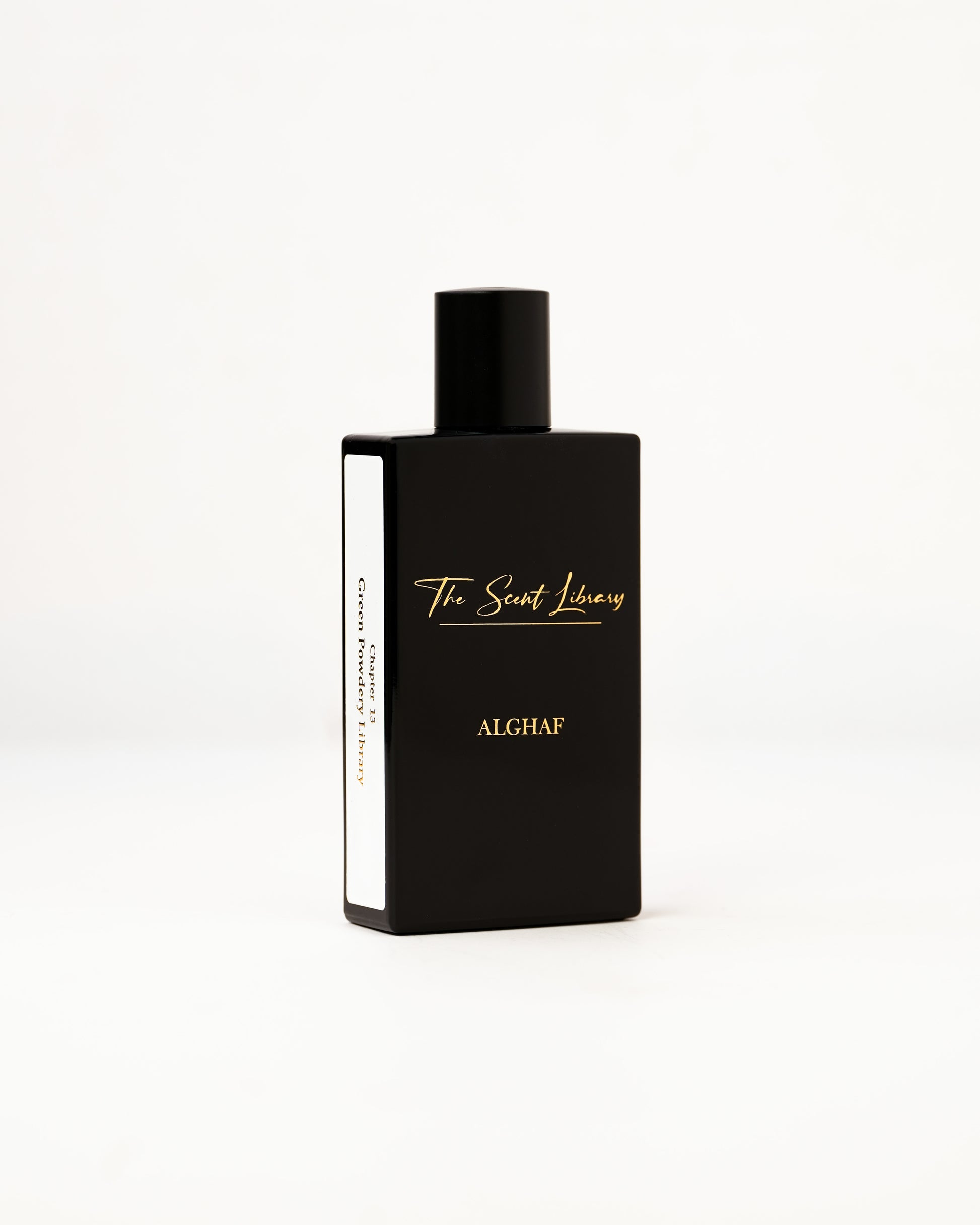 Al Ghaf eau de parfum by The Scent Library, a glossy black rectangular bottle with gold lettering and a Chapter 13 Green Powdery Library side label, bestseller