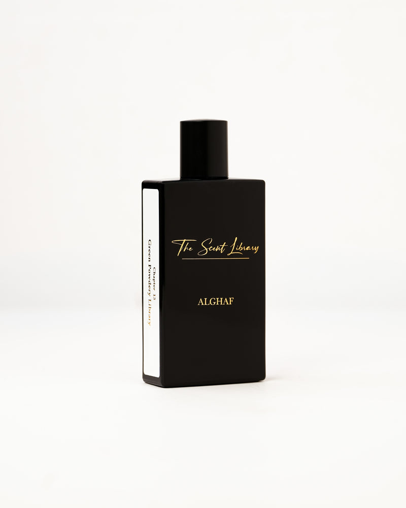 Al Ghaf eau de parfum by The Scent Library, a glossy black rectangular bottle with gold lettering and a Chapter 13 Green Powdery Library side label, bestseller