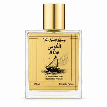 Al Koos eau de parfum by The Scent Library, a black bottle with gold lettering — fresh woody oud inspired by the Emirati sea wind