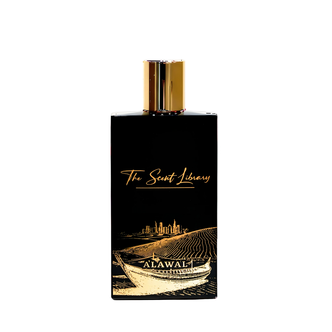 Alawal Collector's Edition by Julien Rasquinet at The Scent Library, a black bottle with a gold cap and gold artwork of a dhow, skyline and desert dunes, Generation Collection