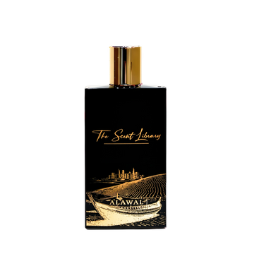 Alawal Collector's Edition by Julien Rasquinet at The Scent Library, a black bottle with a gold cap and gold artwork of a dhow, skyline and desert dunes, Generation Collection