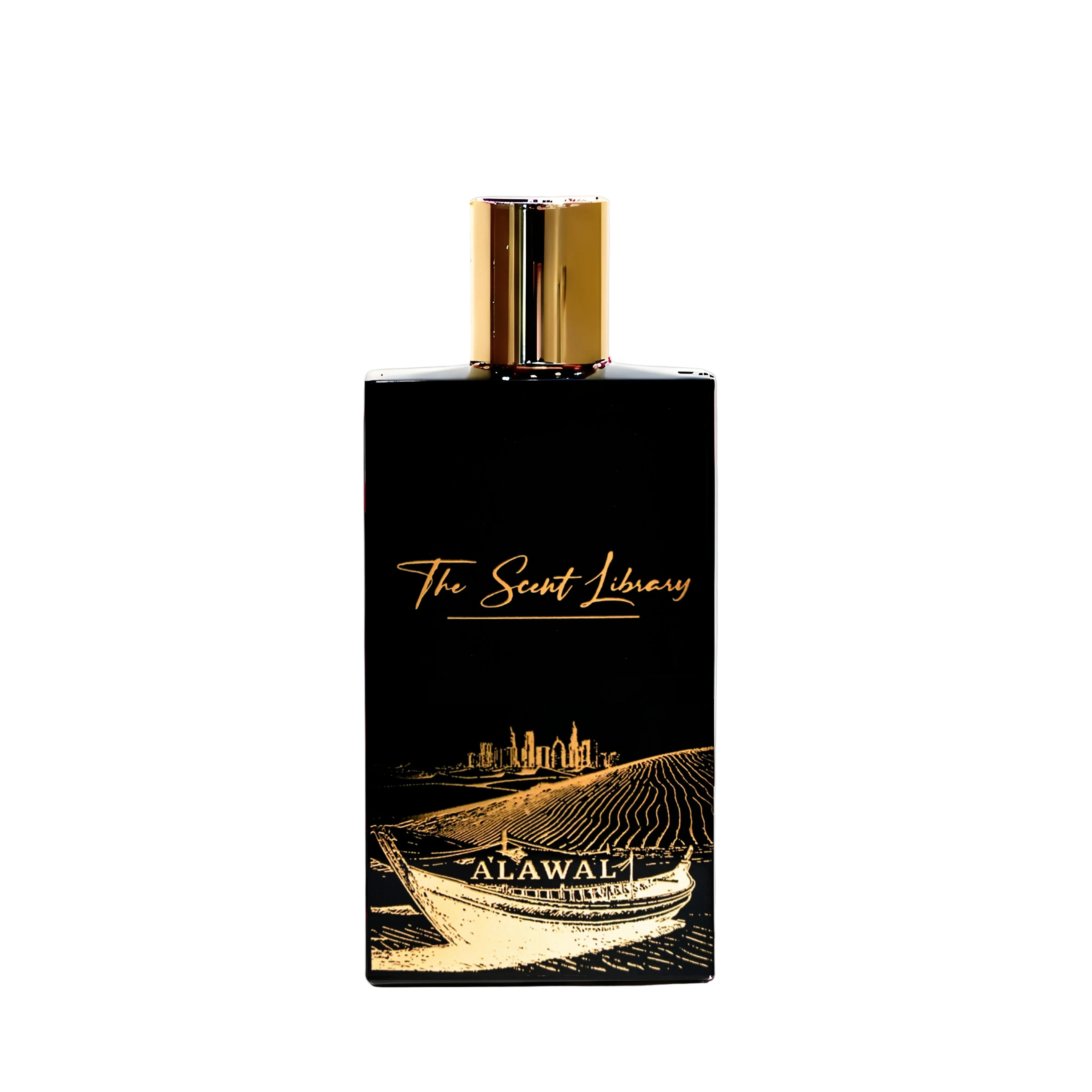 Alawal Collector's Edition by Julien Rasquinet at The Scent Library, a black bottle with a gold cap and gold artwork of a dhow, skyline and desert dunes, Generation Collection