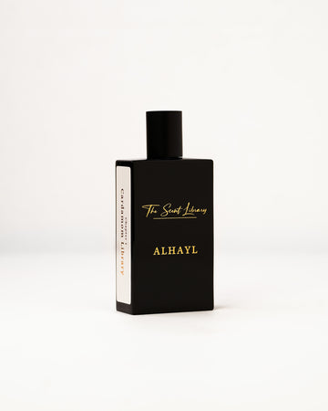 ALHAYL eau de parfum by The Scent Library, a glossy black rectangular bottle with gold lettering and a white Chapter 1 Cardamom Library side label