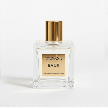 BADR perfume Dubai in a clear glass bottle with a gold cap from The Scent Library's Collector's Edition