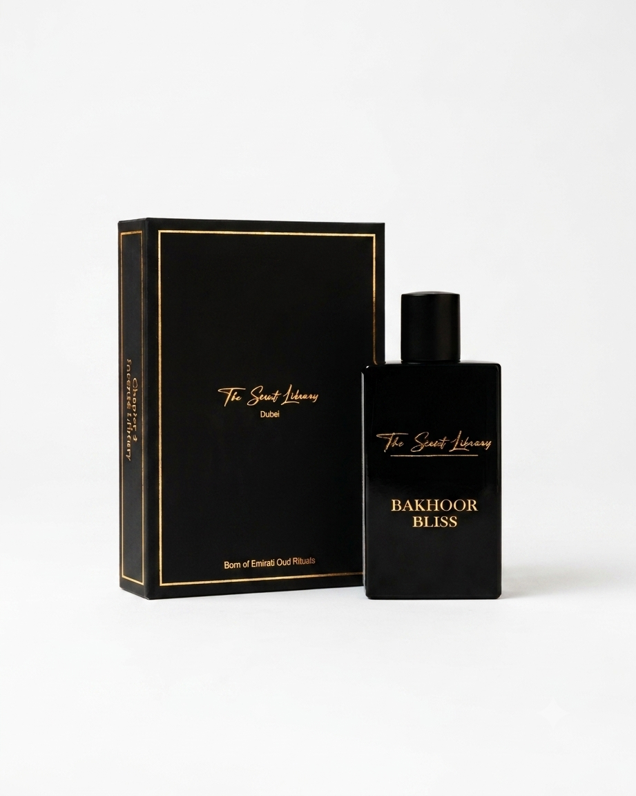 Bakhoor Bliss eau de parfum by The Scent Library, a glossy black rectangular bottle with gold lettering and a Chapter 4 Incense Library side label
