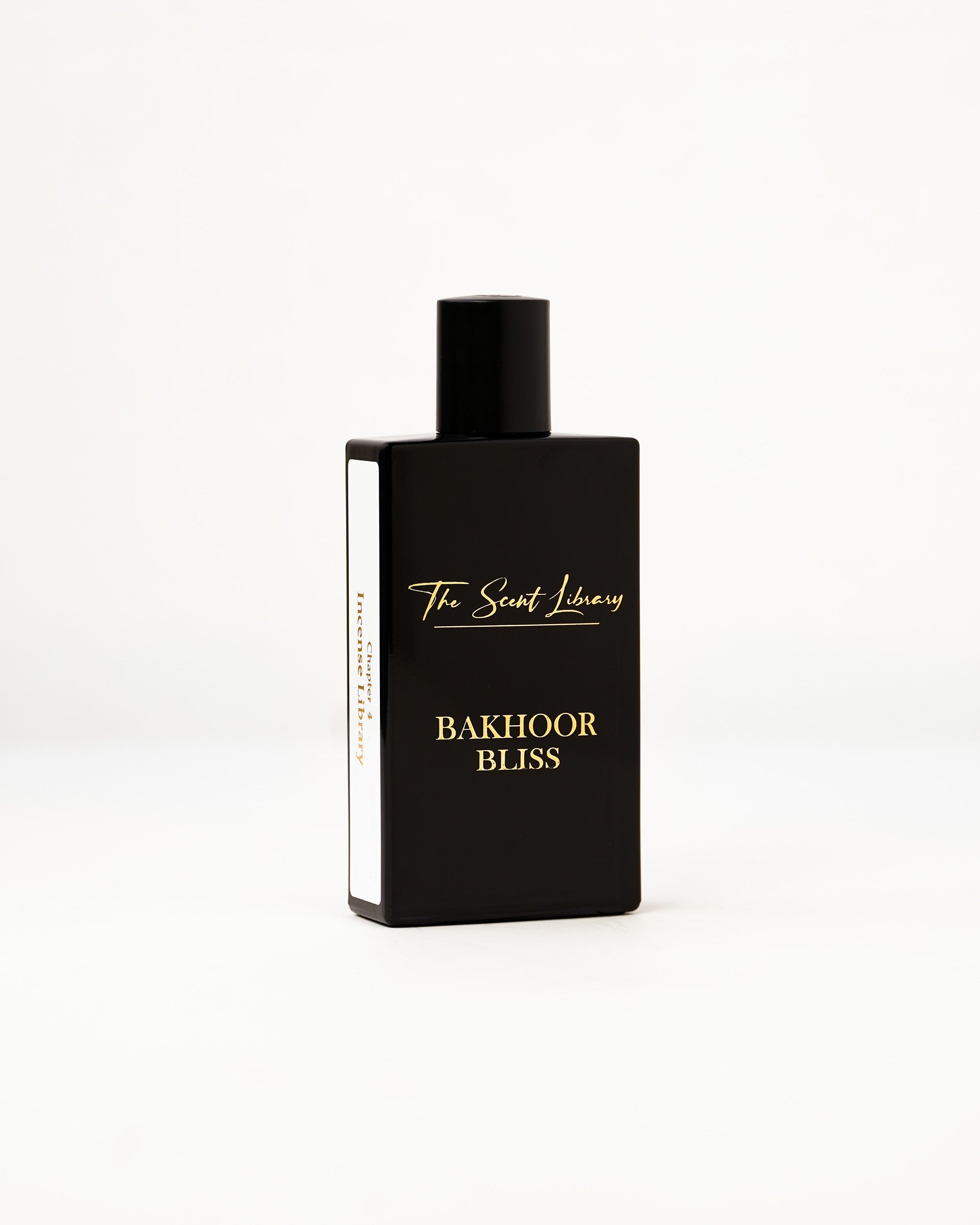Bakhoor Bliss eau de parfum by The Scent Library, a glossy black rectangular bottle with gold lettering and a Chapter 4 Incense Library side label