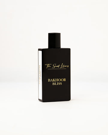 Bakhoor Bliss eau de parfum by The Scent Library, a glossy black rectangular bottle with gold lettering and a Chapter 4 Incense Library side label