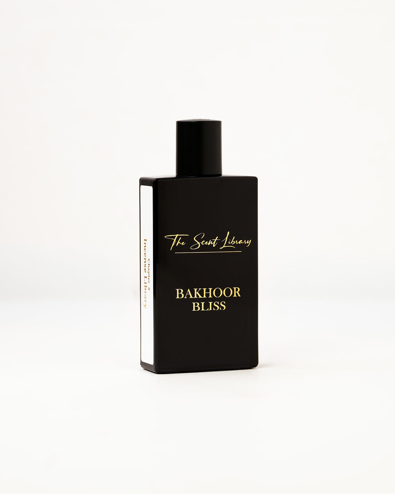 Bakhoor Bliss eau de parfum by The Scent Library, a glossy black rectangular bottle with gold lettering and a Chapter 4 Incense Library side label