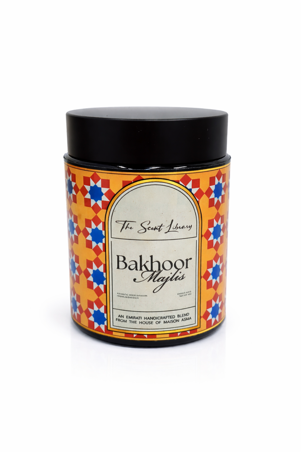 The Scent Library Bakhour Majlis 80g box with vibrant geometric patterns and warm aromatic notes