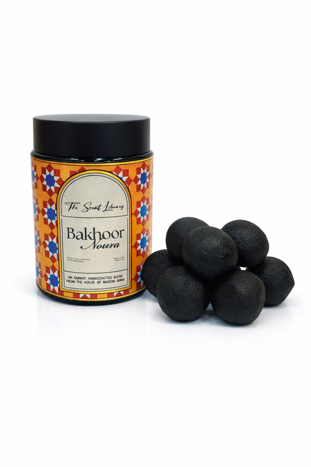 The Scent Library Bakhour Noura 80g jar with floral notes and black resin balls