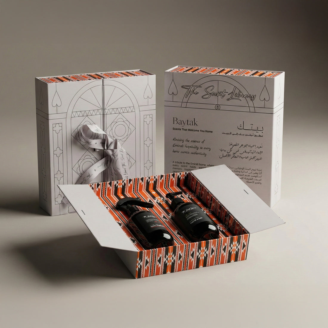 The Ritual Set by Baytak, a hand wash and room freshener in a red Sadu-patterned gift box, by The Scent Library