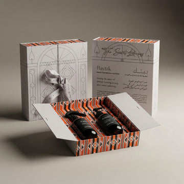 The Ritual Set by Baytak, a hand wash and room freshener in a red Sadu-patterned gift box, by The Scent Library