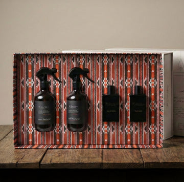 The Royal Collection by Baytak, two amber room freshener sprays and two black perfumes in a red Sadu-patterned gift box, by The Scent Library