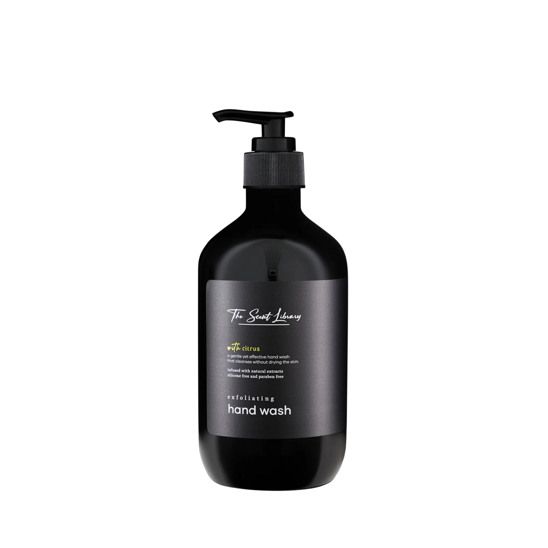 Citrus lemon exfoliating hand wash by The Scent Library in a black pump bottle with a gold label