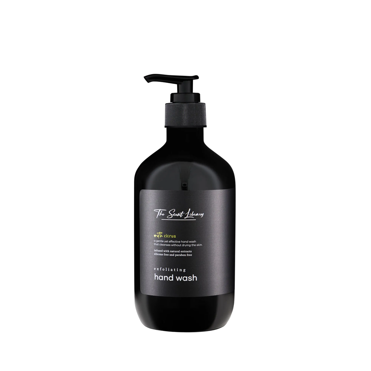 Citrus lemon exfoliating hand wash by The Scent Library in a black pump bottle with a gold label