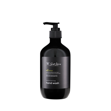 Citrus lemon exfoliating hand wash by The Scent Library in a black pump bottle with a gold label
