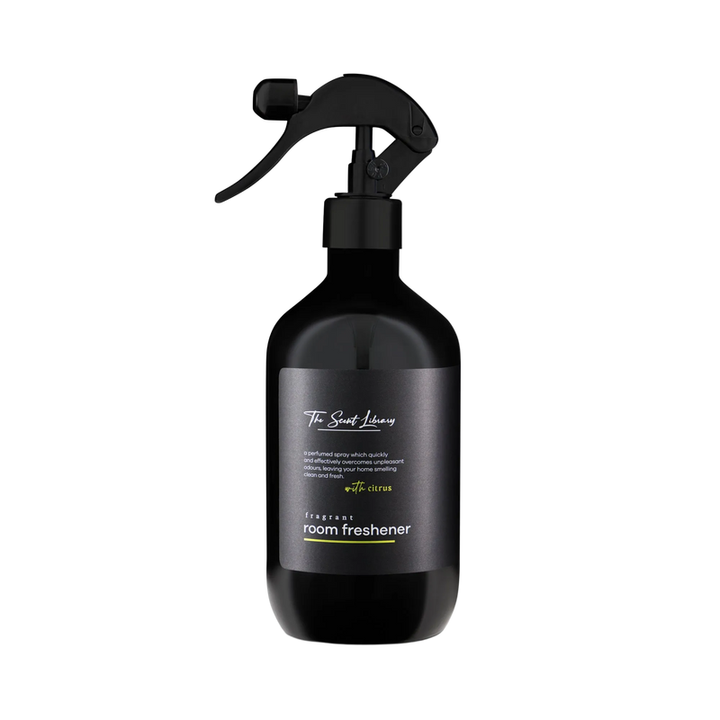 Citrus lemon room freshener by The Scent Library in a black trigger-spray bottle