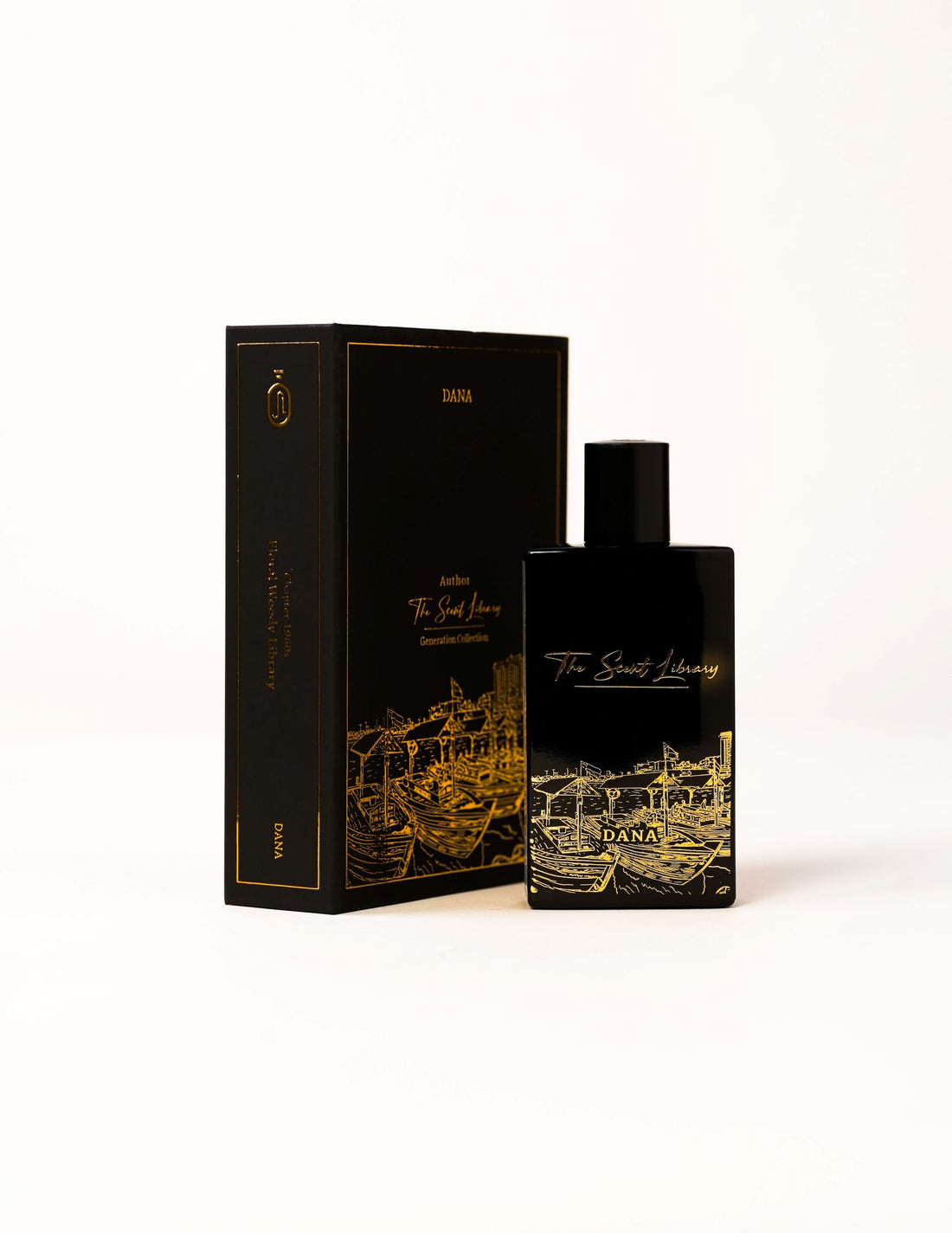 Dana Collector's Edition by Kevin Mathys at The Scent Library, a black bottle with gold dhow-harbour artwork, Chapter 1960s Floral Woody Library