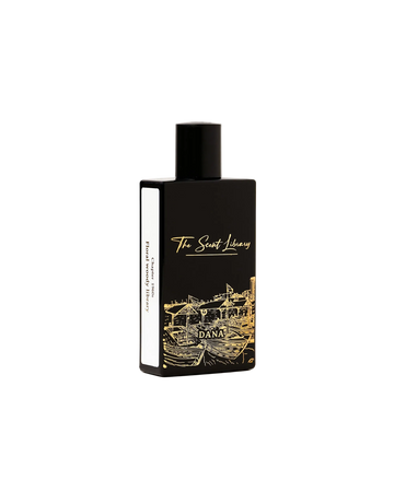 Dana Collector's Edition by Kevin Mathys at The Scent Library, a black bottle with gold dhow-harbour artwork, Chapter 1960s Floral Woody Library