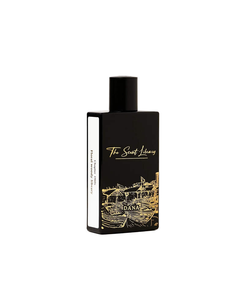 Dana Collector's Edition by Kevin Mathys at The Scent Library, a black bottle with gold dhow-harbour artwork, Chapter 1960s Floral Woody Library