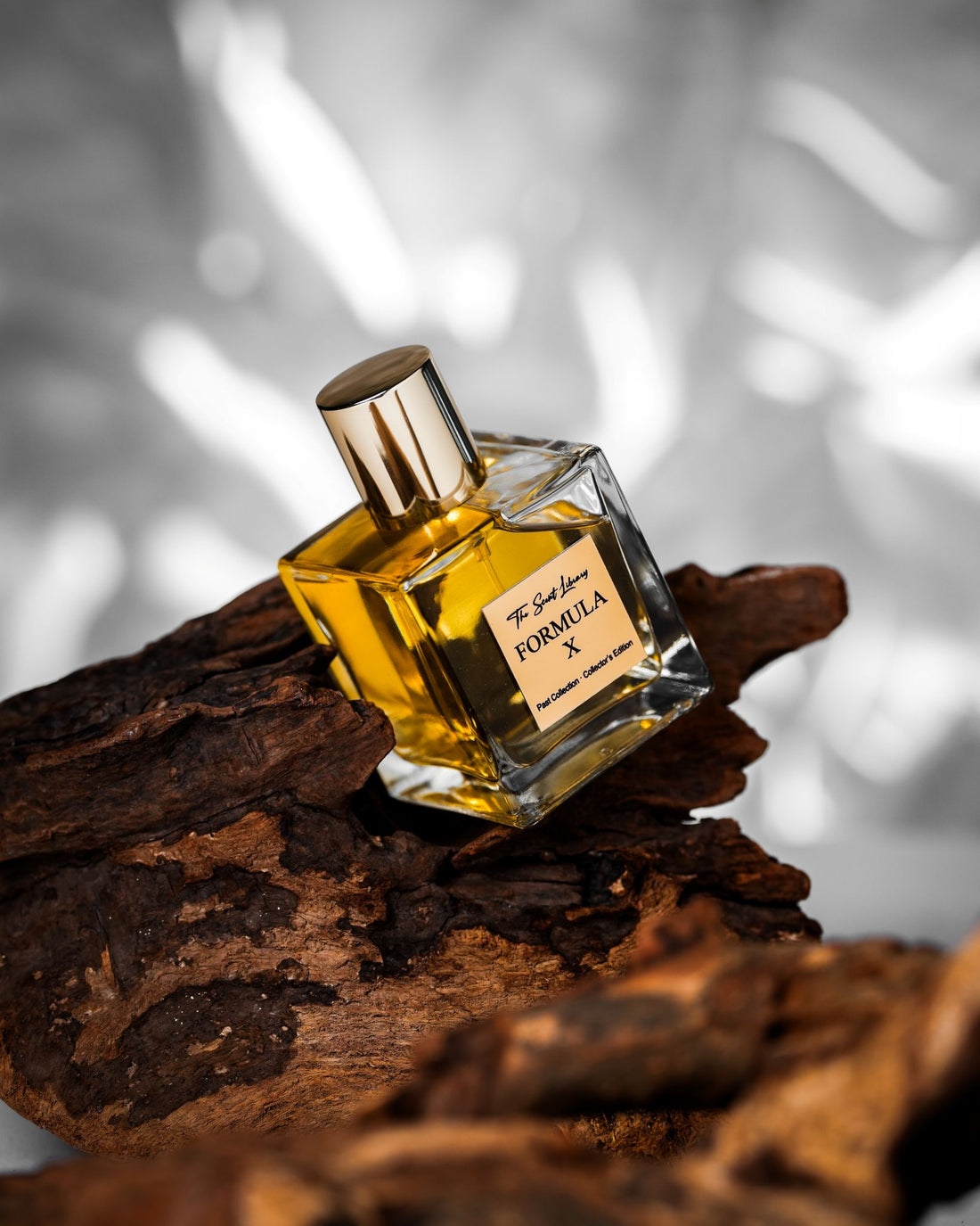 Formula X eau de parfum by The Scent Library, a clear square glass bottle with a gold cap and amber fragrance, Past Collection Collector's Edition