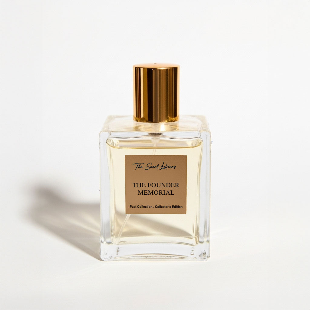 The Founder's Memorial eau de parfum by The Scent Library, a clear square glass bottle with a gold cap and amber fragrance, Past Collection Collector's Edition