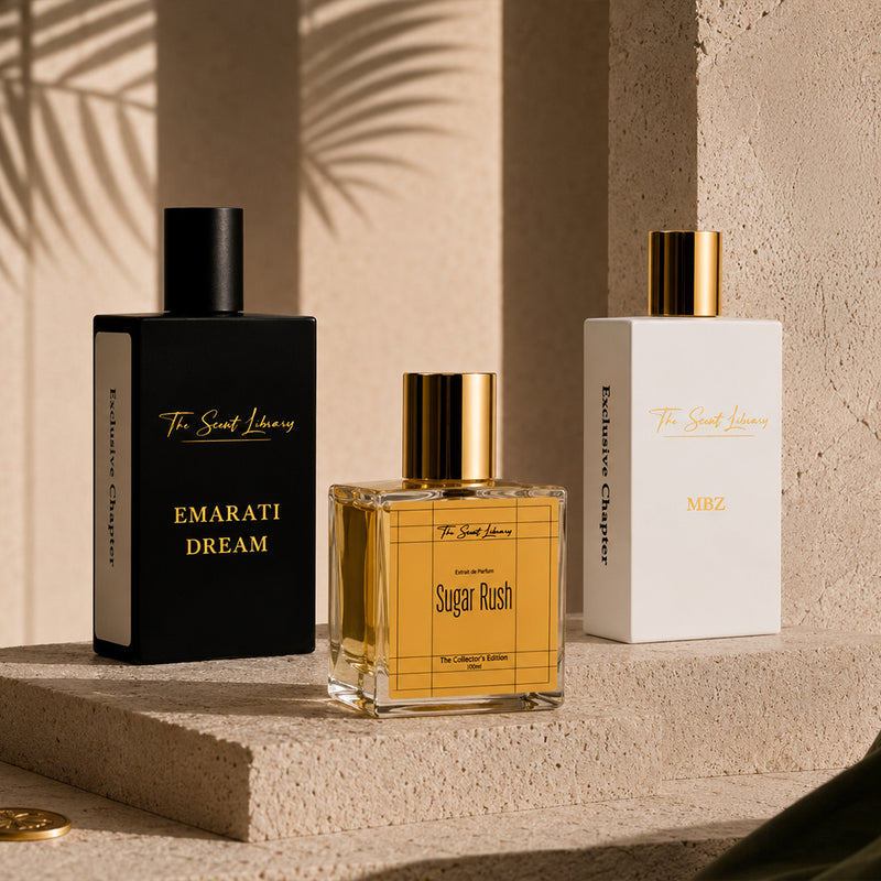 The Scent Library Emarati Dream Black Bottle, Sugar Rush Yellow Bottle, MBZ White Bottle with Floral Notes for father to be gifts for Father's Day