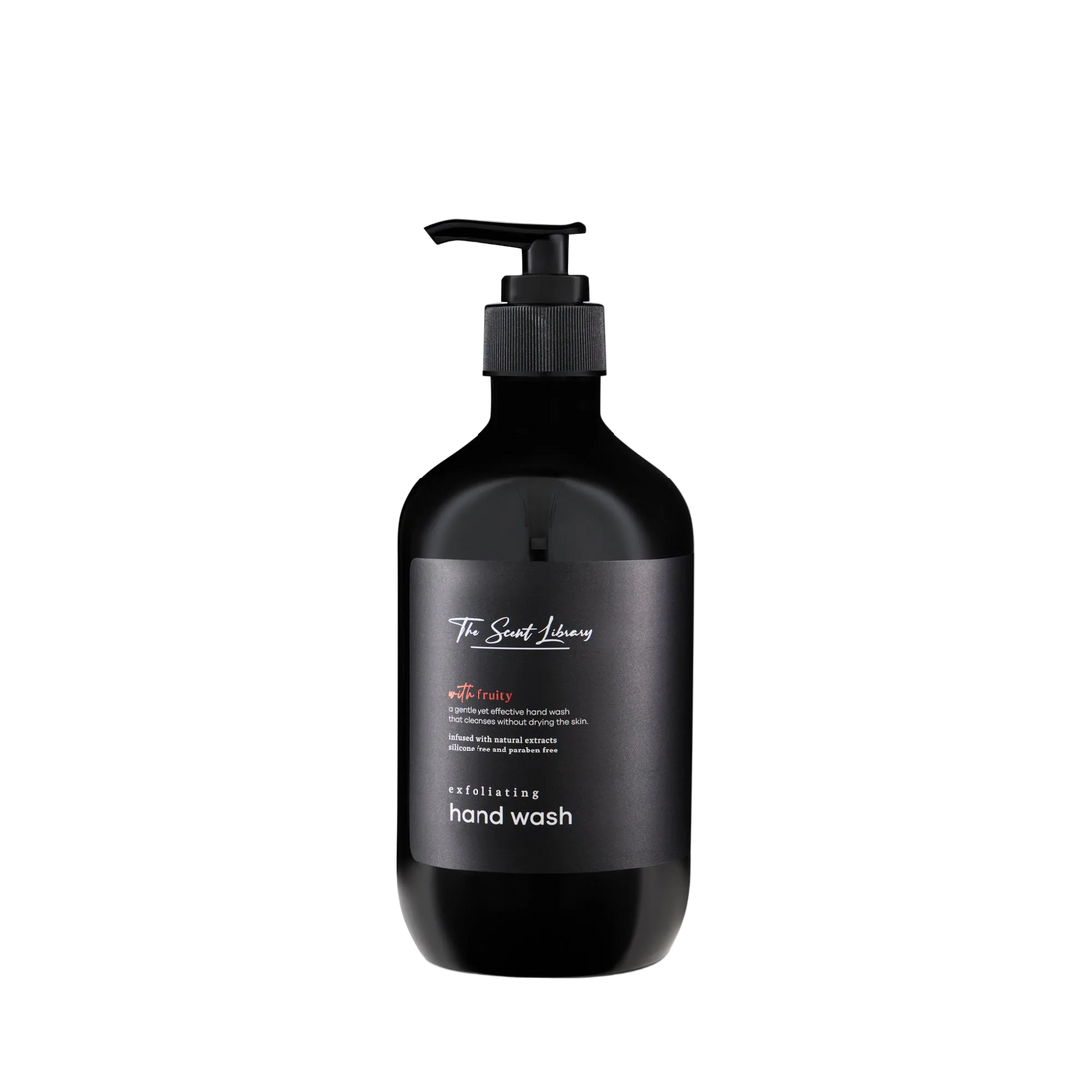 Fruity exfoliating hand wash by The Scent Library in a black pump bottle with a gold label
