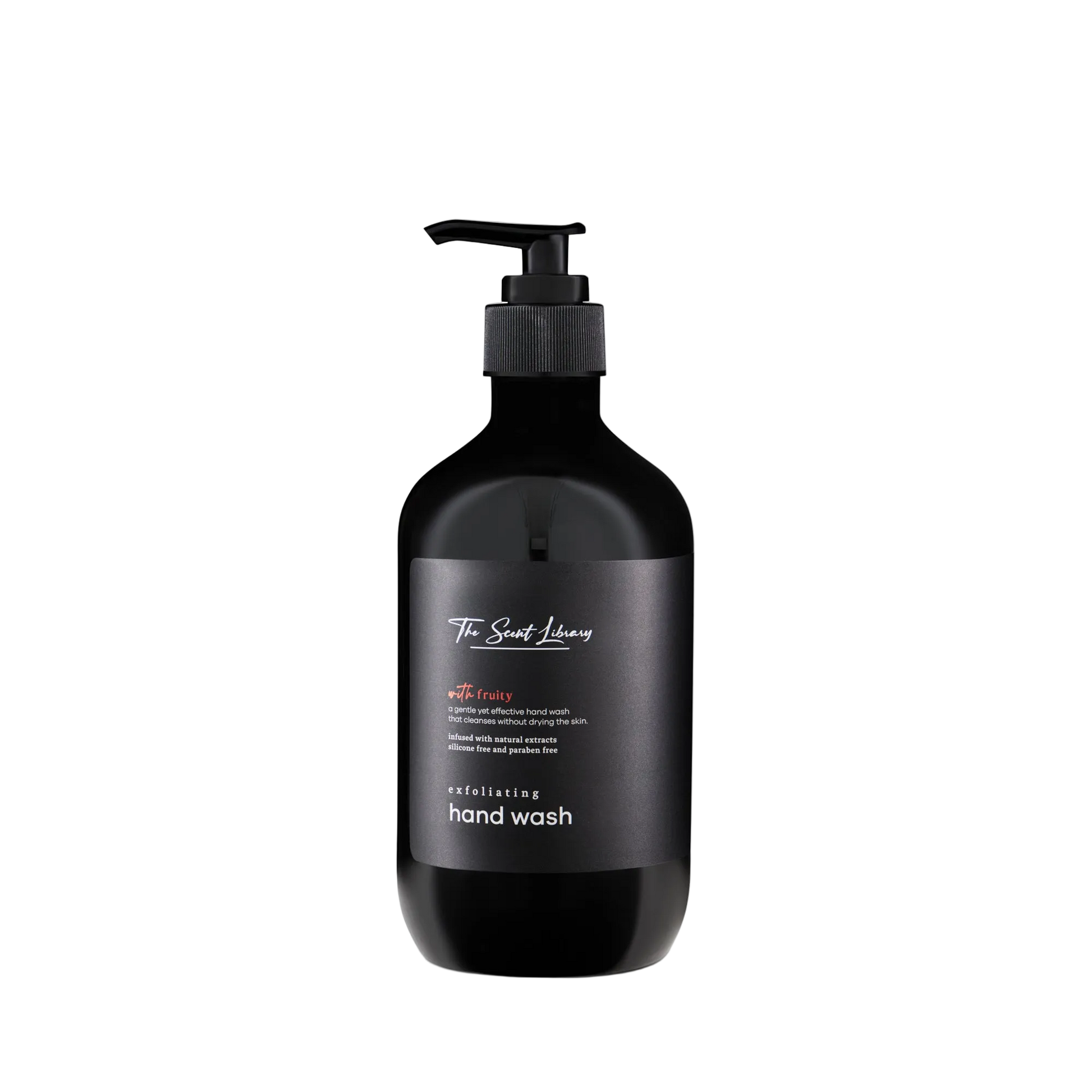 Fruity exfoliating hand wash by The Scent Library in a black pump bottle with a gold label