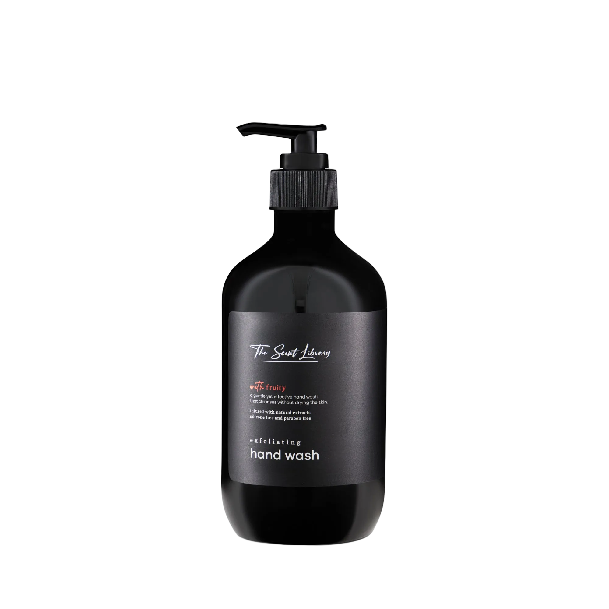 Fruity exfoliating hand wash by The Scent Library in a black pump bottle with a gold label